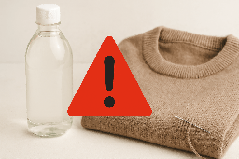 A warning symbol over a bottle of vinegar next to a wool sweater.